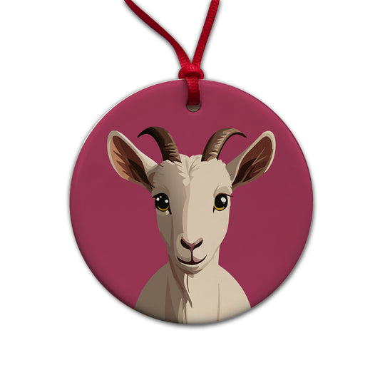 Goat Head Staring Cute Round Ceramic Holiday Christmas Tree Ornament