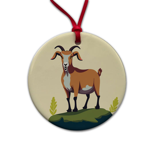 Goat Standing Round Ceramic Holiday Christmas Tree Ornament