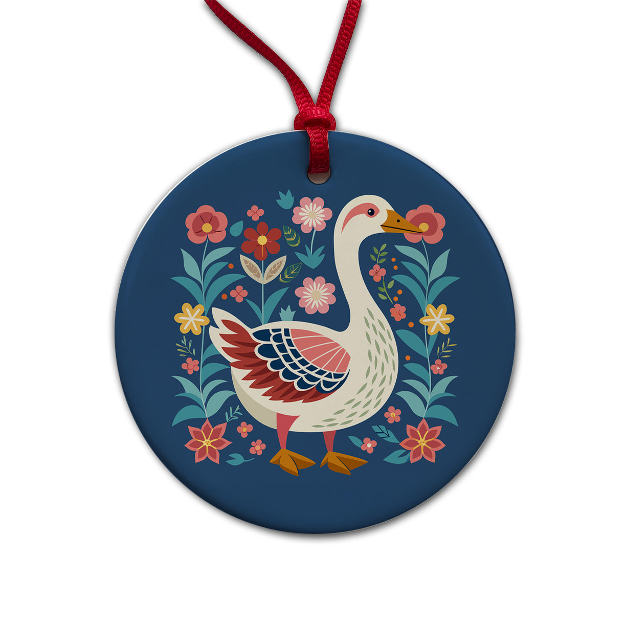 Goose Bird Floral Flowers Round Ceramic Holiday Christmas Tree Ornament