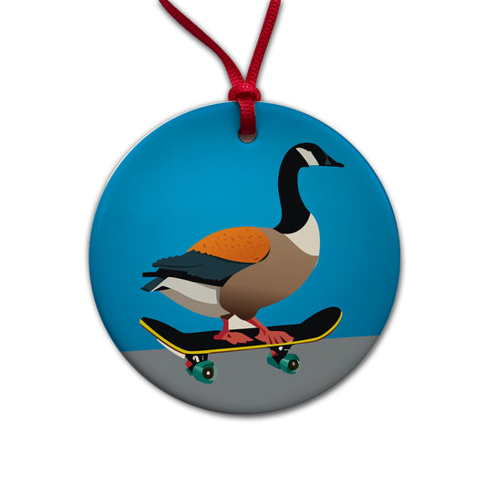 Goose Riding Skateboard Skateboarding Funny Round Ceramic Holiday Christmas Tree Ornament