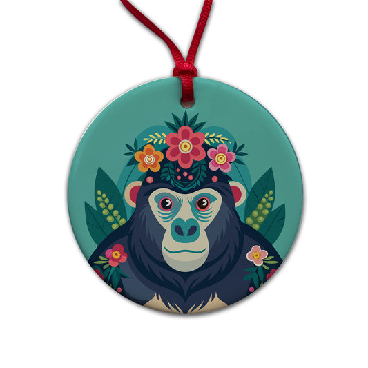 Gorilla Floral Flowers Round Ceramic Holiday Christmas Tree Ornament