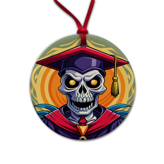 Graduate Skeleton Graduation Scary Round Ceramic Holiday Christmas Tree Ornament
