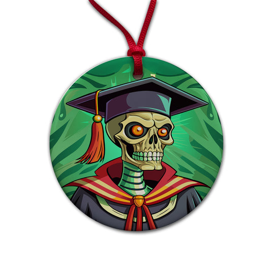 Graduate Skeleton Scary Graduation Round Ceramic Holiday Christmas Tree Ornament
