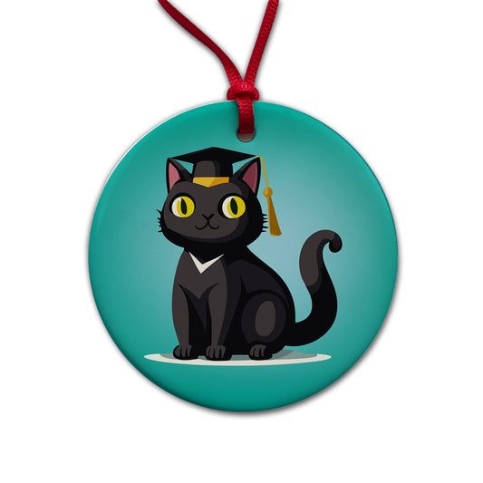 Graduation Cat Cute Graduate Round Ceramic Holiday Christmas Tree Ornament
