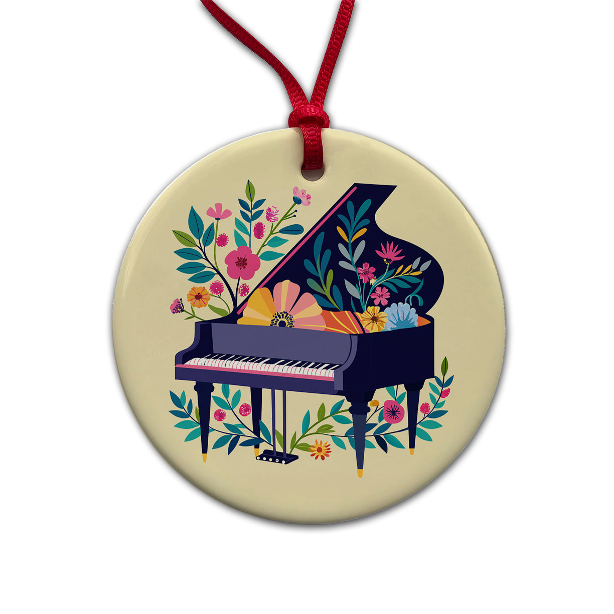 Grand Piano Music Floral Motif Round Ceramic Holiday Christmas Tree Ornament
