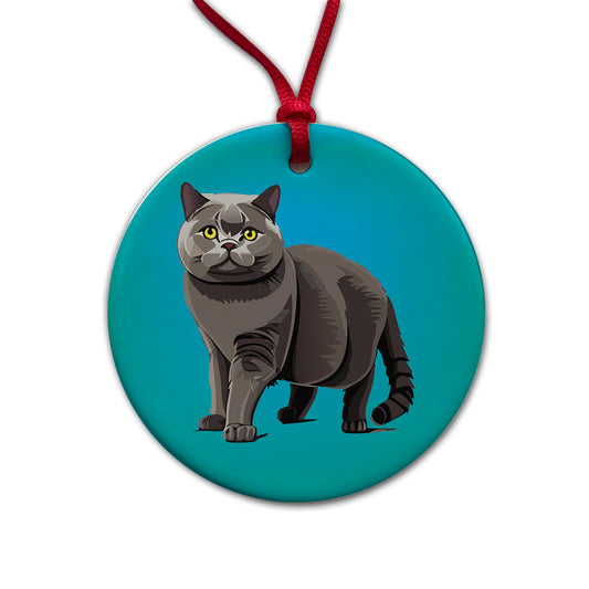 Gray British Shorthair Cat Round Ceramic Holiday Christmas Tree Ornament