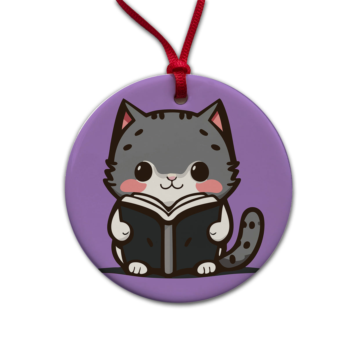 Gray Cat Reading Book Round Ceramic Holiday Christmas Tree Ornament