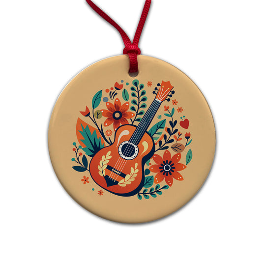 Guitar Music Floral Motif Round Ceramic Holiday Christmas Tree Ornament