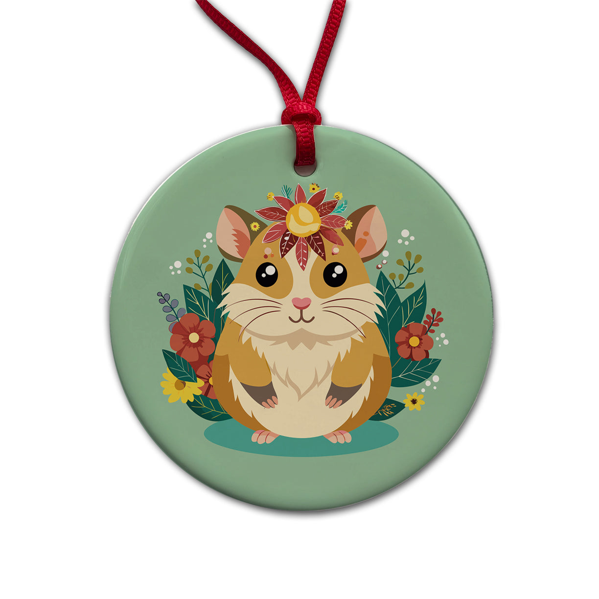 Hamster Floral Flowers Round Ceramic Holiday Christmas Tree Ornament