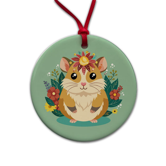 Hamster Floral Flowers Round Ceramic Holiday Christmas Tree Ornament