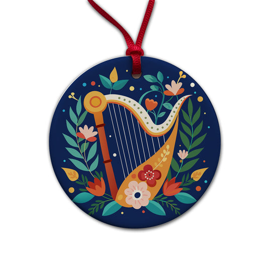 Harp Music Floral Motif Round Ceramic Holiday Christmas Tree Ornament