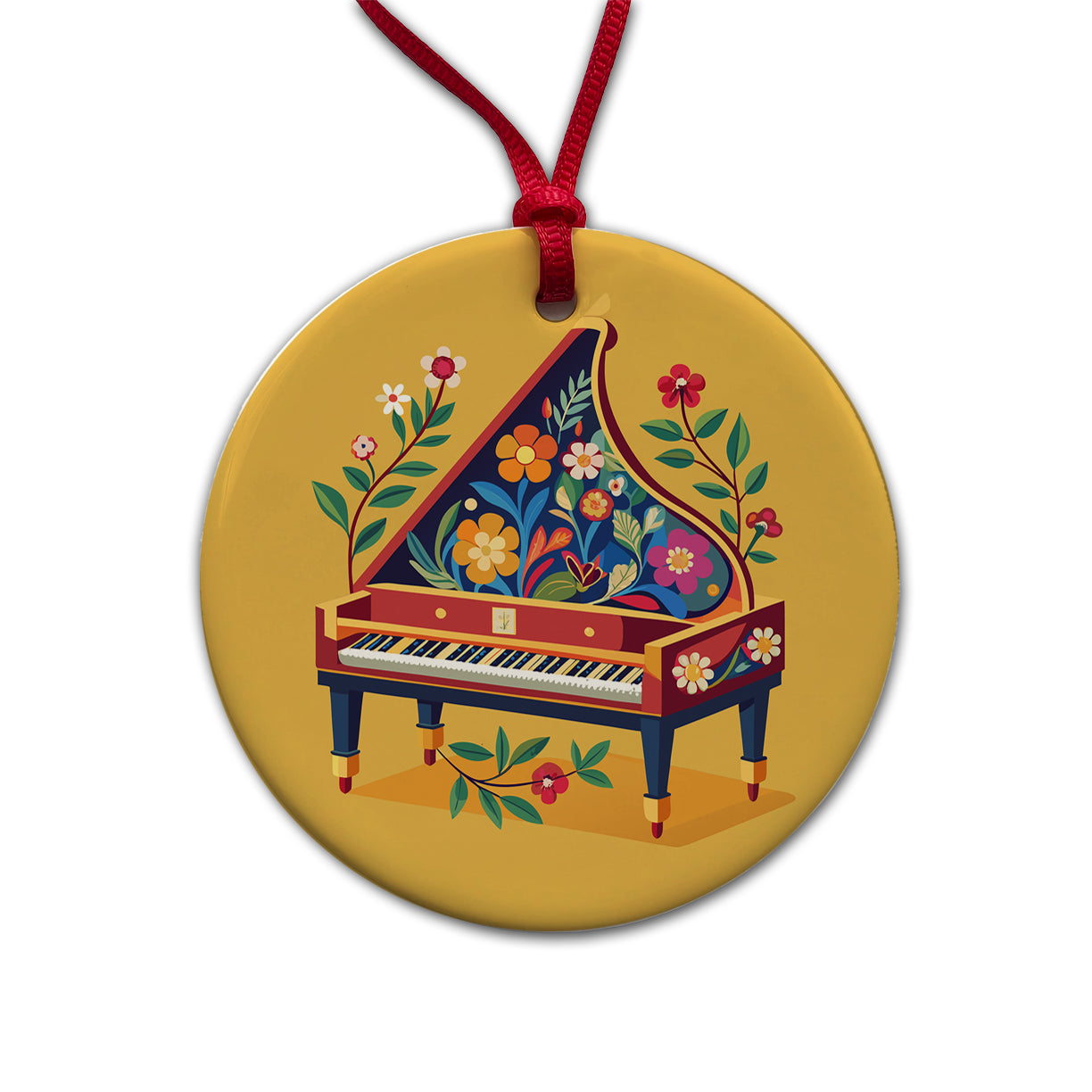 Harpsichord Music Floral Motif Round Ceramic Holiday Christmas Tree Ornament