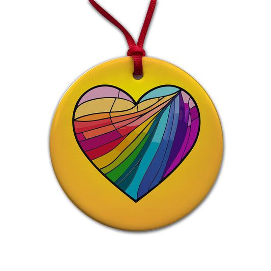 Heart Rainbow Stained Glass Love LGBTQ Round Ceramic Holiday Christmas Tree Ornament