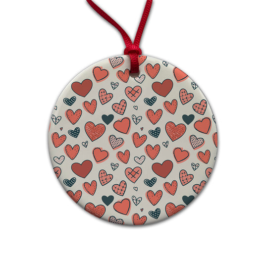 Hearts Cottage Core Valentines Day Anniversary Love Wedding Round Ceramic Holiday Christmas Tree Ornament