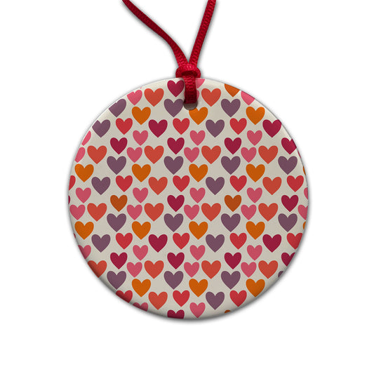 Hearts Purple Pink Orange Valentines Day Anniversary Love Round Ceramic Holiday Christmas Tree Ornament