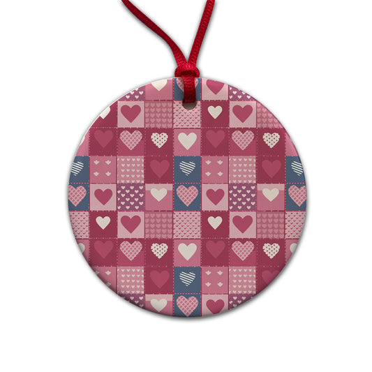 Hearts Quilt Valentines Day Anniversary Love Wedding Pattern Round Ceramic Holiday Christmas Tree Ornament