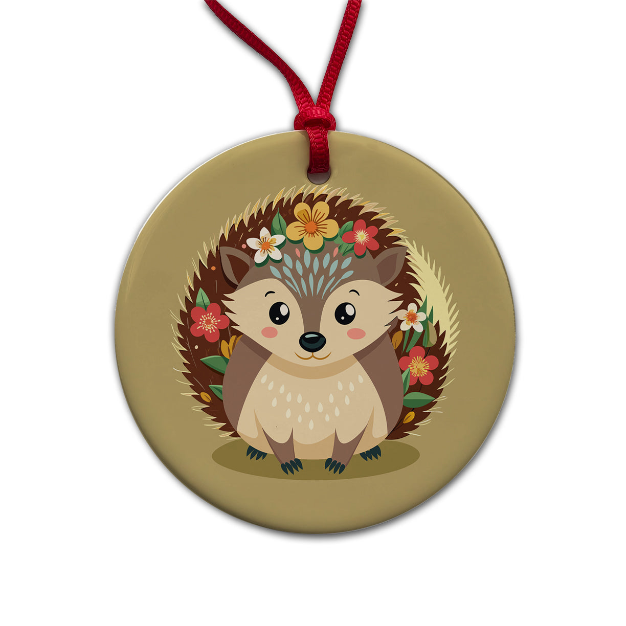 Hedgehog Floral Flowers Round Ceramic Holiday Christmas Tree Ornament