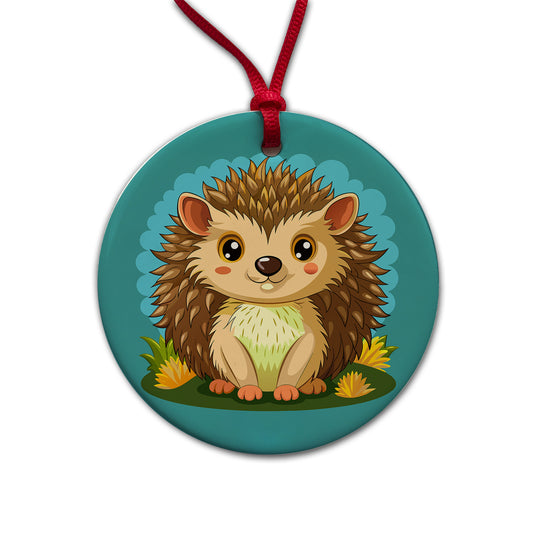 Hedgehog Smiling Cute Round Ceramic Holiday Christmas Tree Ornament