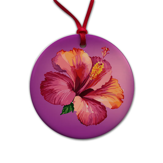 Hibiscus Flower Tropical Watercolor Round Ceramic Holiday Christmas Tree Ornament