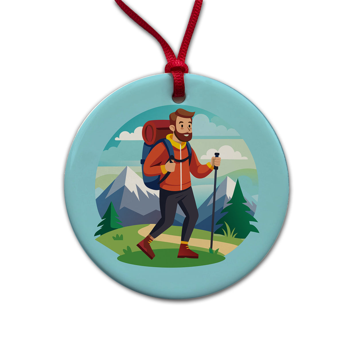 Hiker Hiking Backpacking Man Round Ceramic Holiday Christmas Tree Ornament