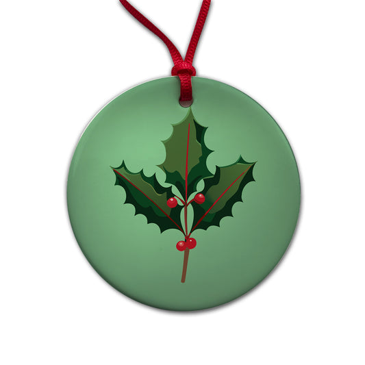 Holly Christmas Greenery Round Ceramic Holiday Christmas Tree Ornament