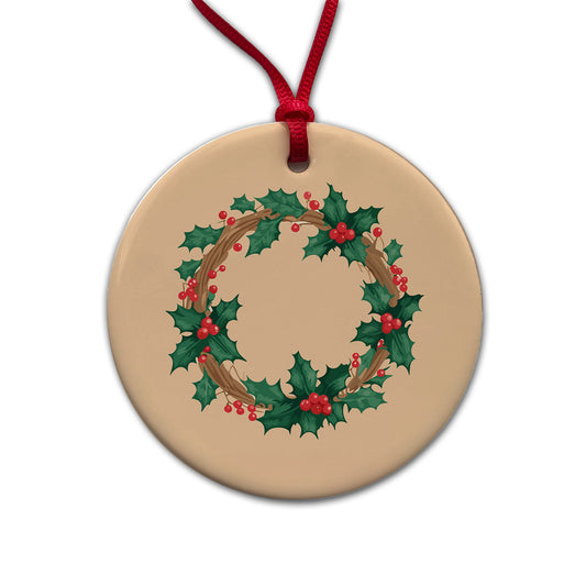 Holly Christmas Wreath Watercolor Round Ceramic Holiday Christmas Tree Ornament