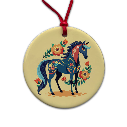 Horse Floral Flowers Cottagecore Country Western Round Ceramic Holiday Christmas Tree Ornament