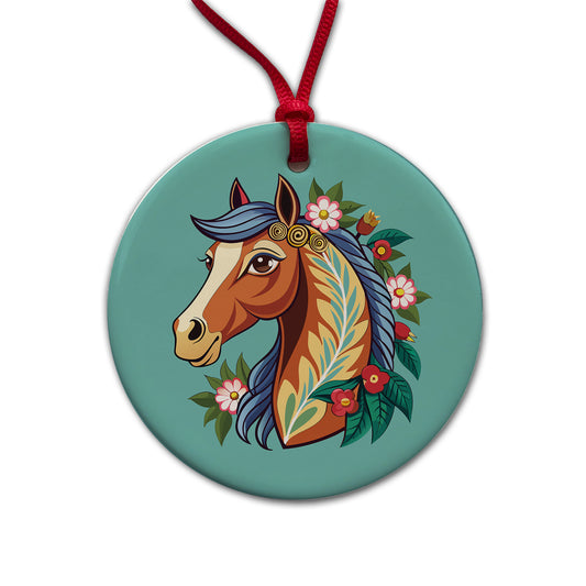 Horse Head Floral Flowers Cottagecore Country Western Round Ceramic Holiday Christmas Tree Ornament