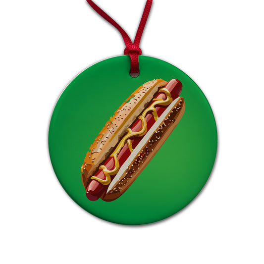 Hotdog Hot Dog Bun Mustard Round Ceramic Holiday Christmas Tree Ornament