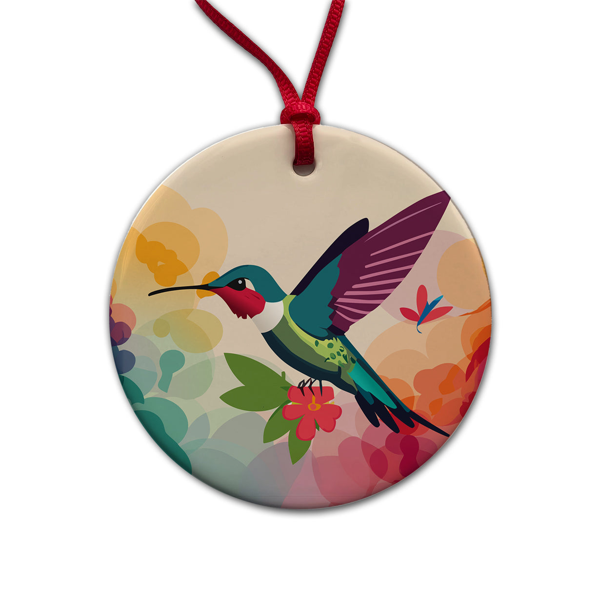 Hummingbird Colorful with Flowers Round Ceramic Holiday Christmas Tree Ornament