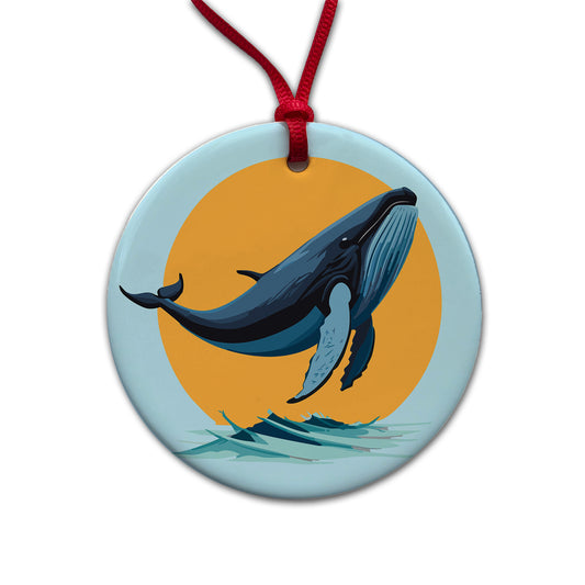 Humpback Whale Jumping Out of Water Round Ceramic Holiday Christmas Tree Ornament