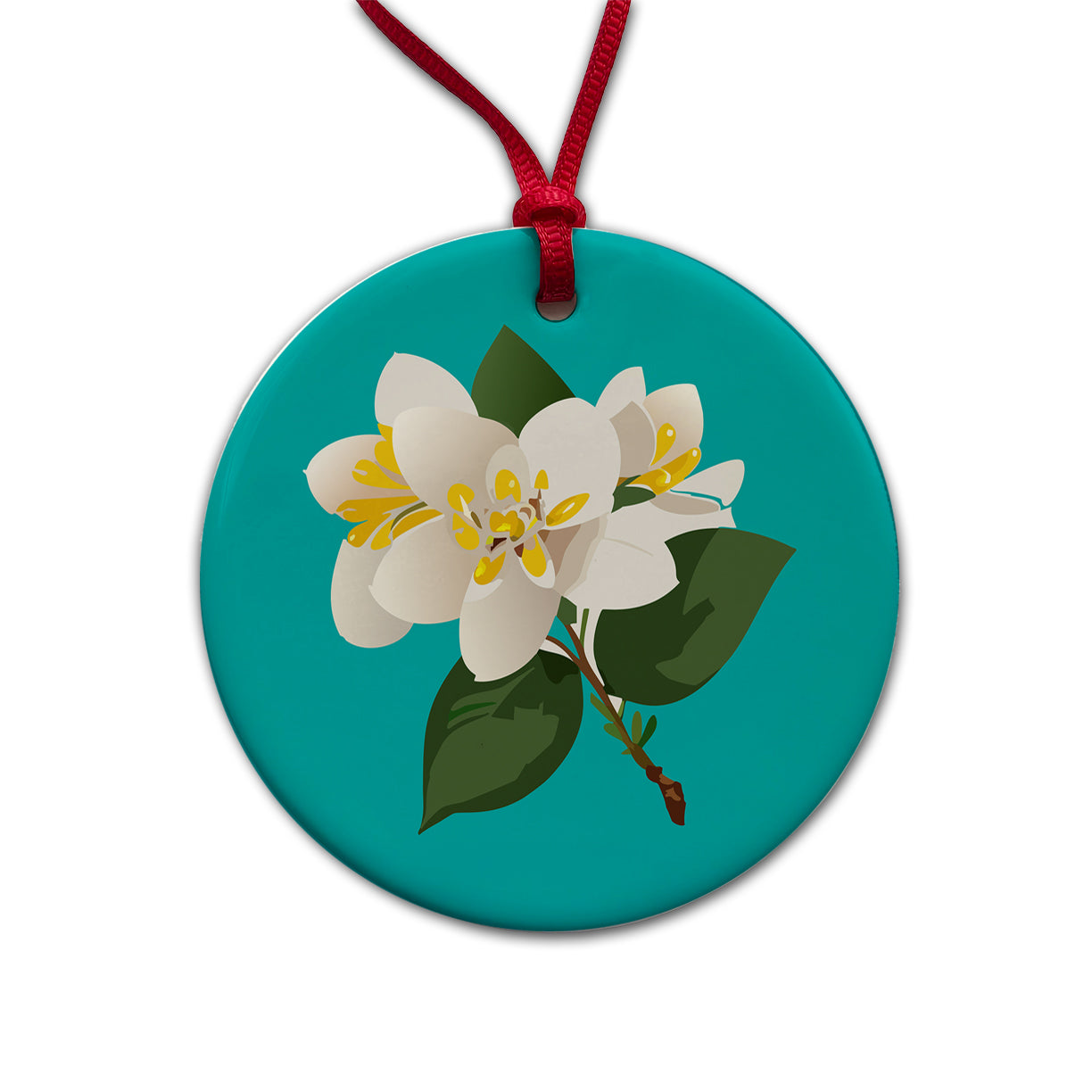 Jasmine White Flowers Round Ceramic Holiday Christmas Tree Ornament