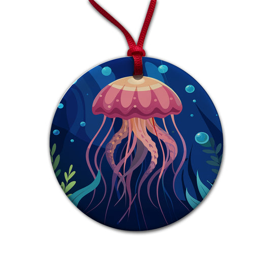 Jelly Fish in Ocean Round Ceramic Holiday Christmas Tree Ornament