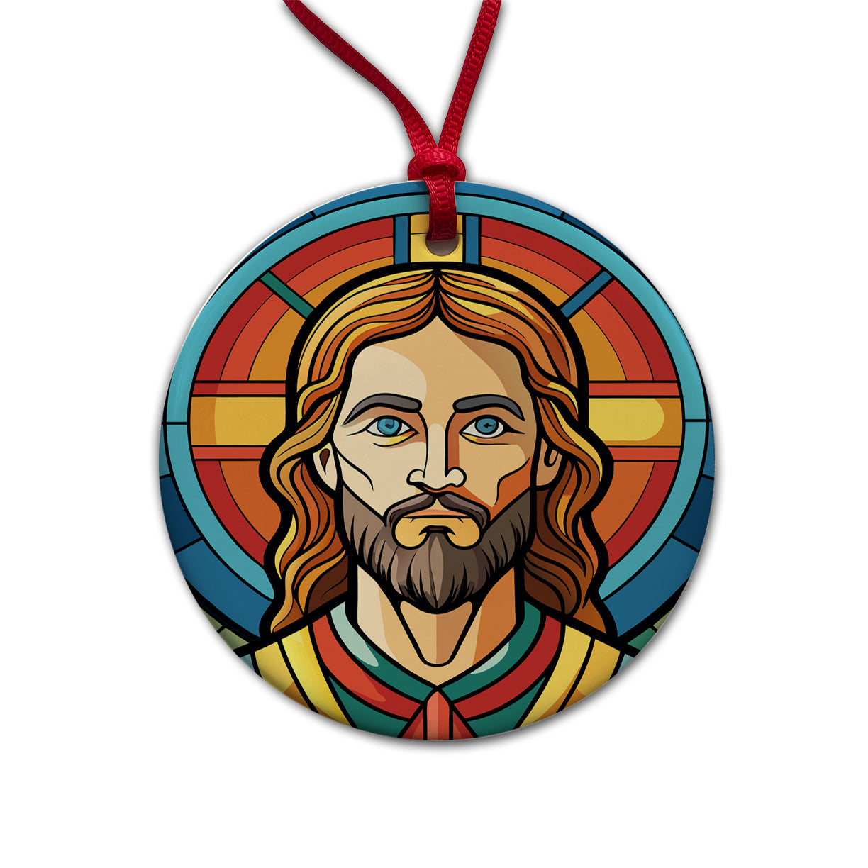 Jesus Stained Glass Christian Religious Catholic Round Ceramic Holiday Christmas Tree Ornament