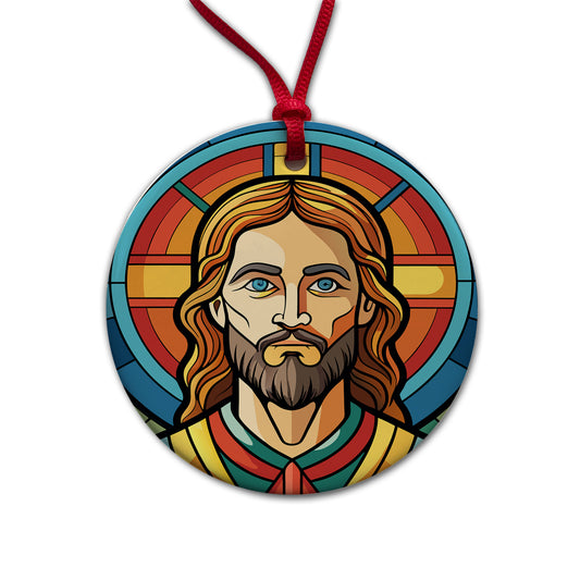 Jesus Stained Glass Christian Religious Catholic Round Ceramic Holiday Christmas Tree Ornament