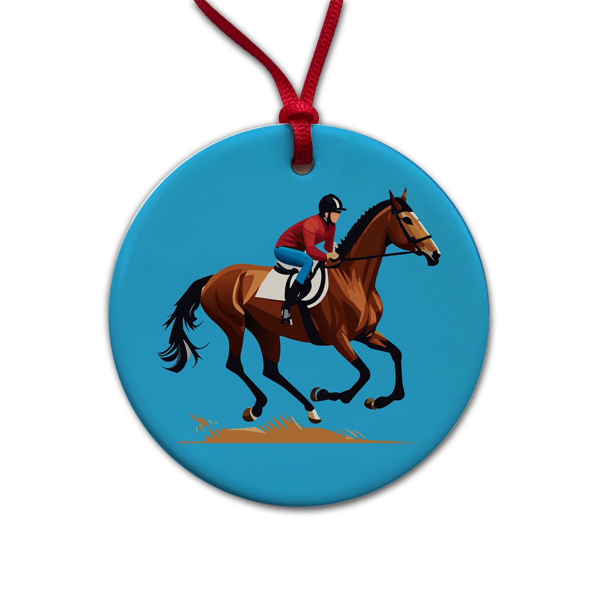 Jockey Riding Horse Racing Man Round Ceramic Holiday Christmas Tree Ornament