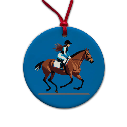 Jockey Riding Horse Racing Woman Round Ceramic Holiday Christmas Tree Ornament