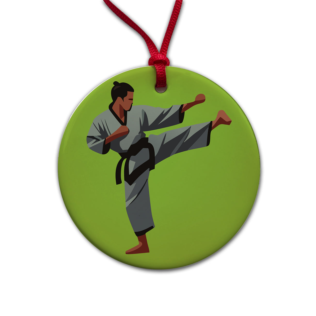 Karate Man Kick Round Ceramic Holiday Christmas Tree Ornament