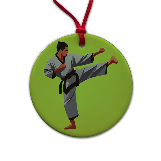 Karate Man Kick Round Ceramic Holiday Christmas Tree Ornament