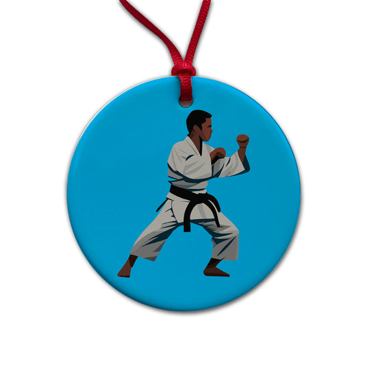 Karate Man Round Ceramic Holiday Christmas Tree Ornament