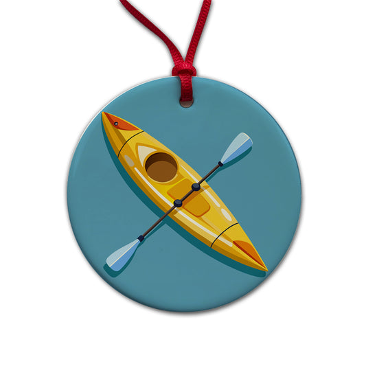 Kayak Kayaking Yellow Round Ceramic Holiday Christmas Tree Ornament