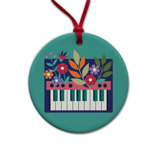 Keyboard Piano Music Floral Motif Round Ceramic Holiday Christmas Tree Ornament