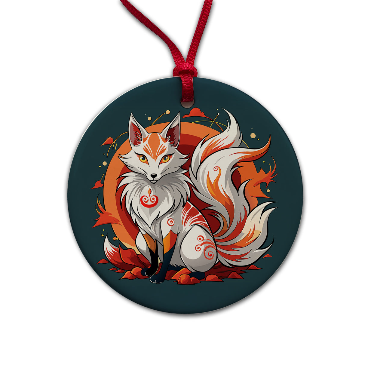 Kitsune Fox Japanese Folklore Round Ceramic Holiday Christmas Tree Ornament