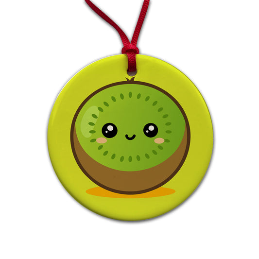Kiwi Cute Happy Fruit Round Ceramic Holiday Christmas Tree Ornament