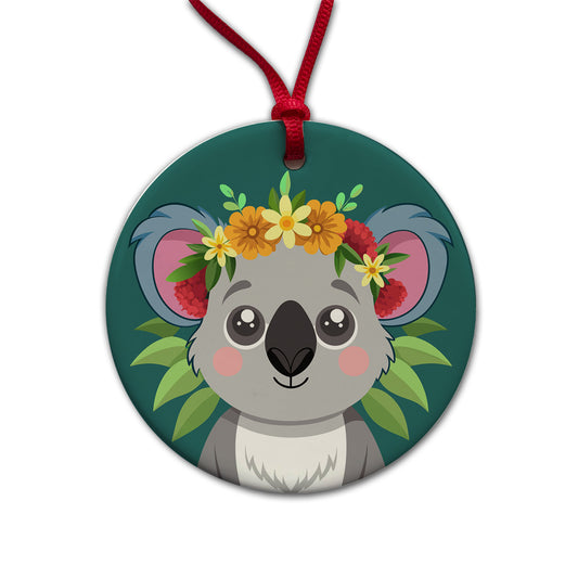 Koala Head Floral Flowers Round Ceramic Holiday Christmas Tree Ornament