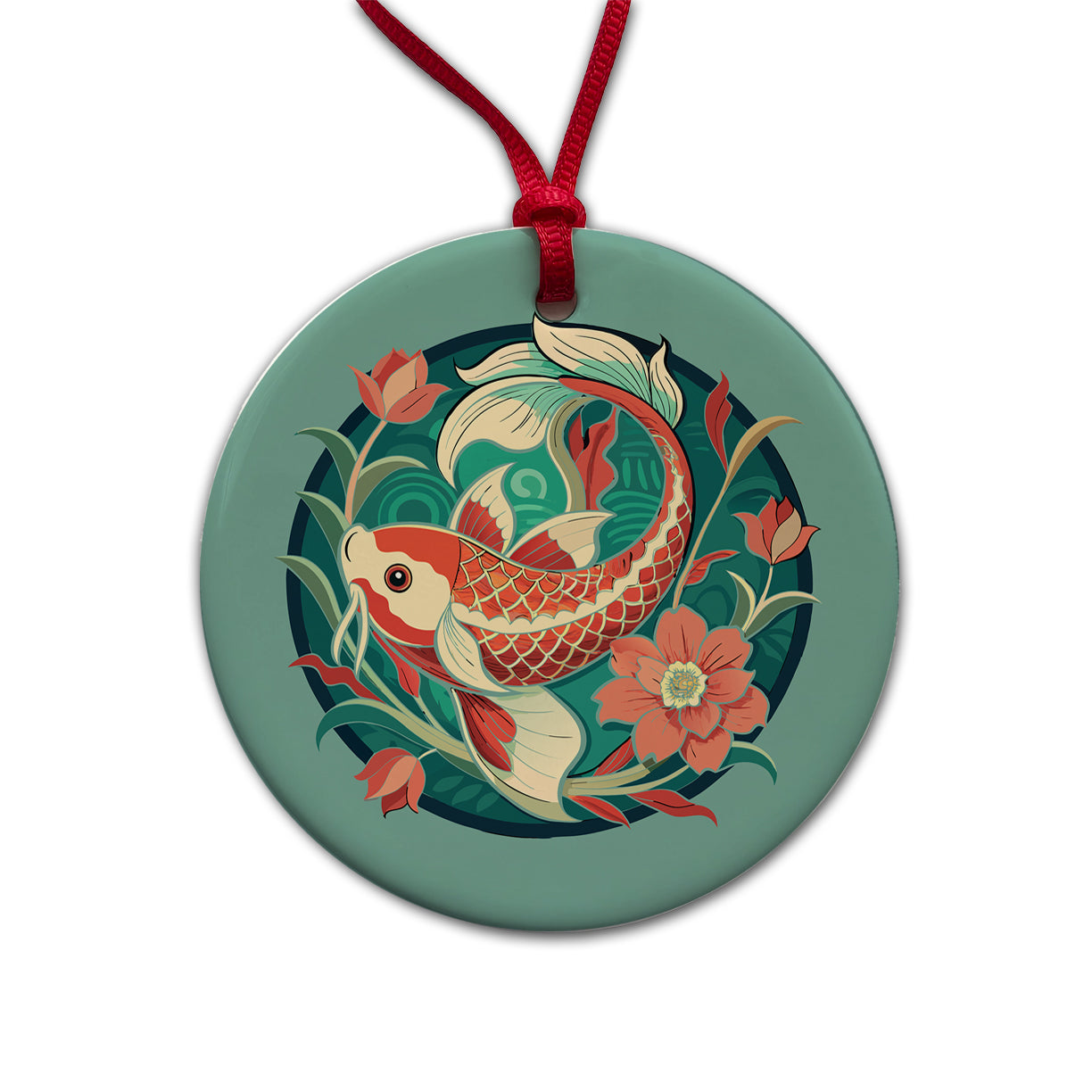 Koi Fish Floral Art Nouveau Flowers Elegant Round Ceramic Holiday Christmas Tree Ornament