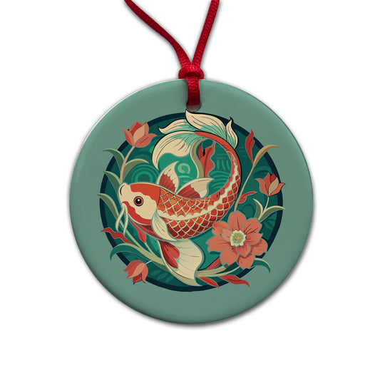Koi Fish Floral Art Nouveau Flowers Elegant Round Ceramic Holiday Christmas Tree Ornament