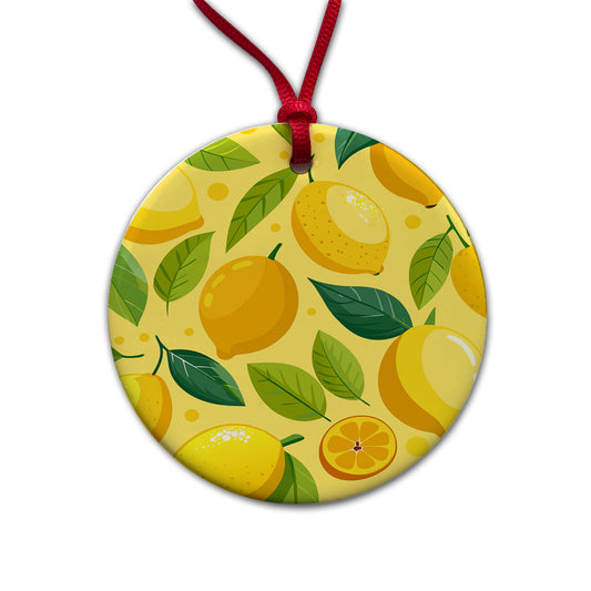Lemons Fruit Scattered Pattern Round Ceramic Holiday Christmas Tree Ornament