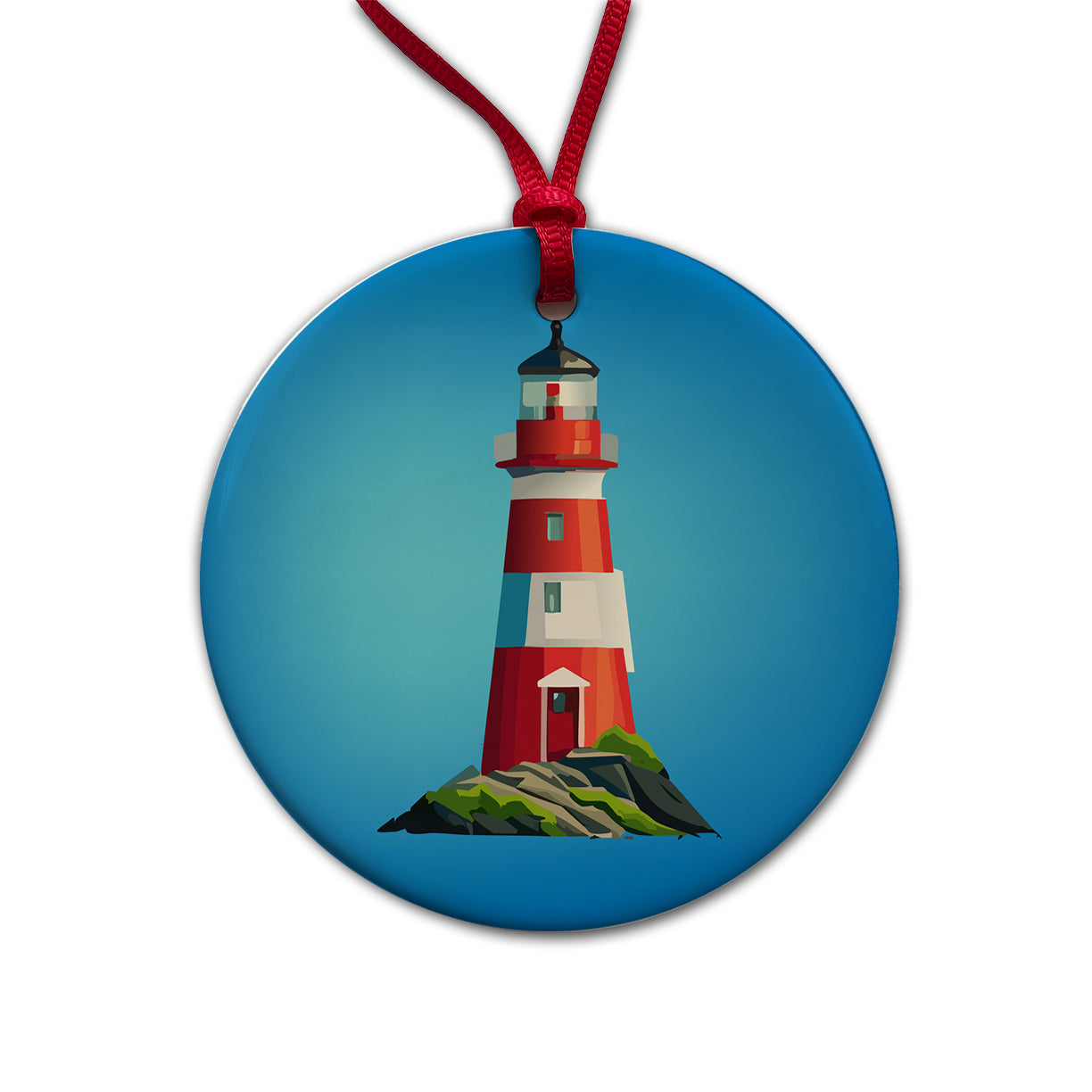 Lighthouse Light House Red White Round Ceramic Holiday Christmas Tree Ornament