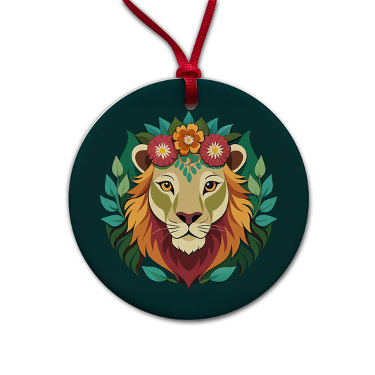 Lion Head Floral Flowers Round Ceramic Holiday Christmas Tree Ornament
